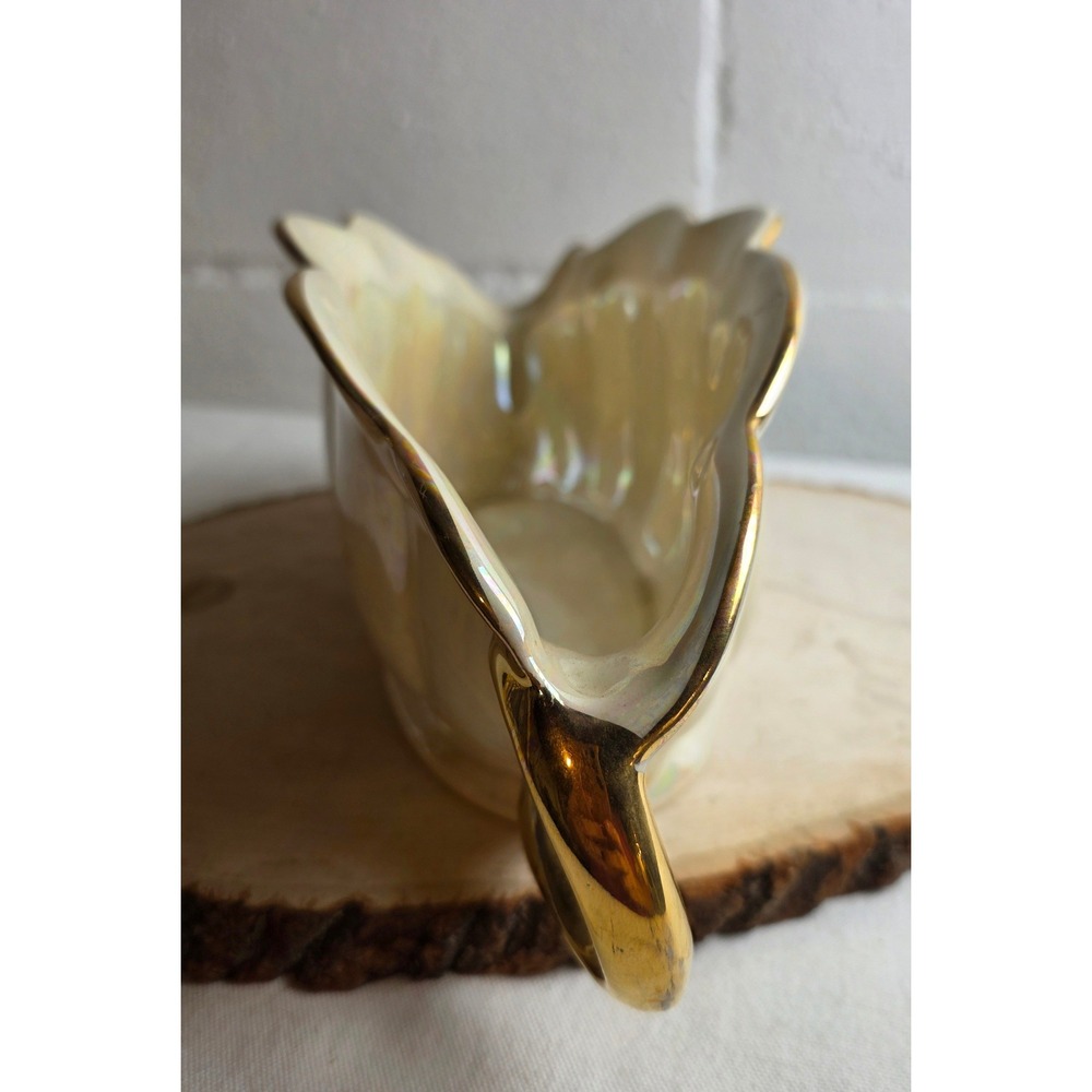 1940s Pearl China Iridescent Console Bowl Scalloped 22K Gold Plated Trim Handles - Picture 7 of 10